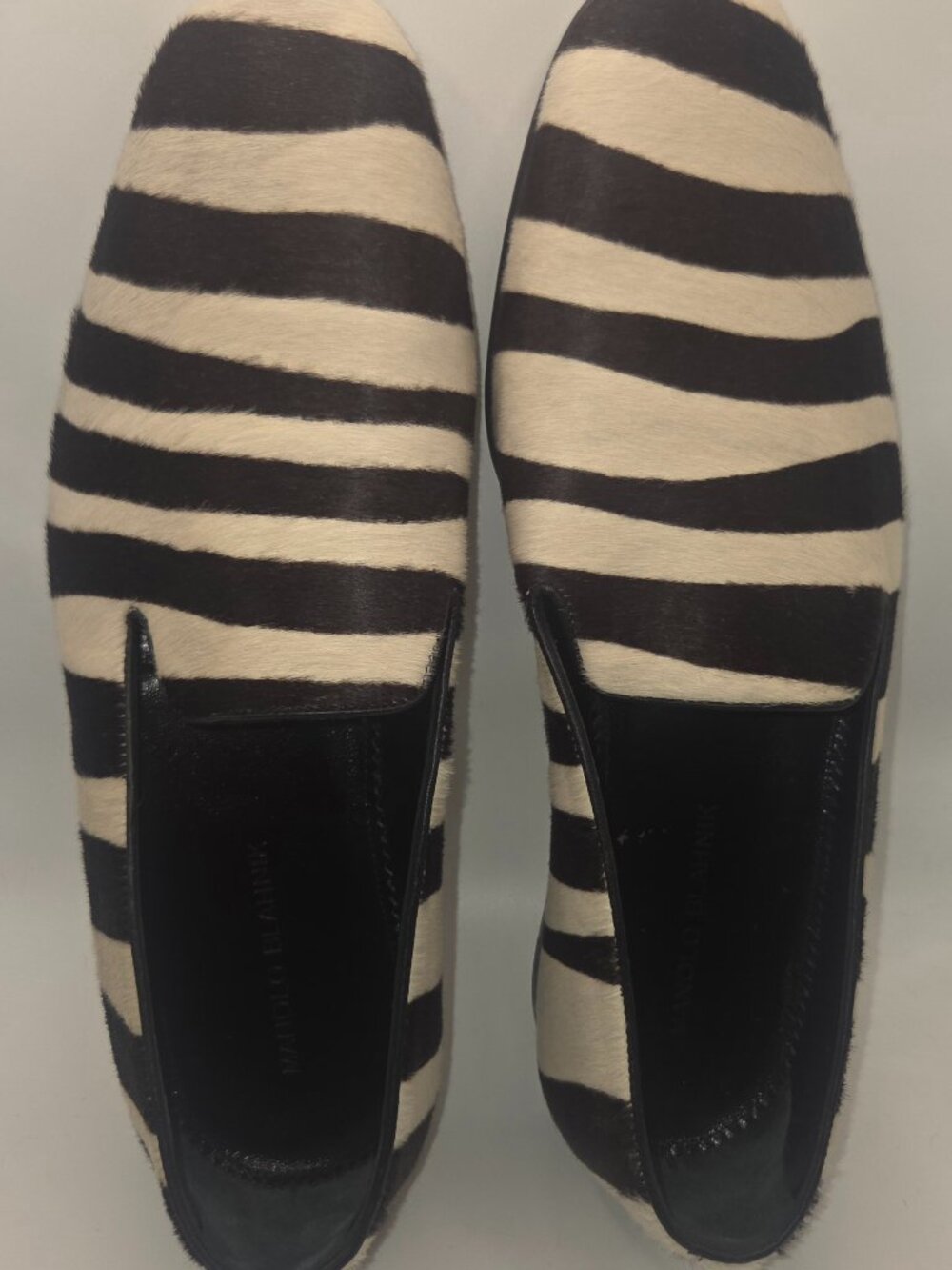 Manolo Blahnik zebra striped calf hair loafers black and white striped calf hair